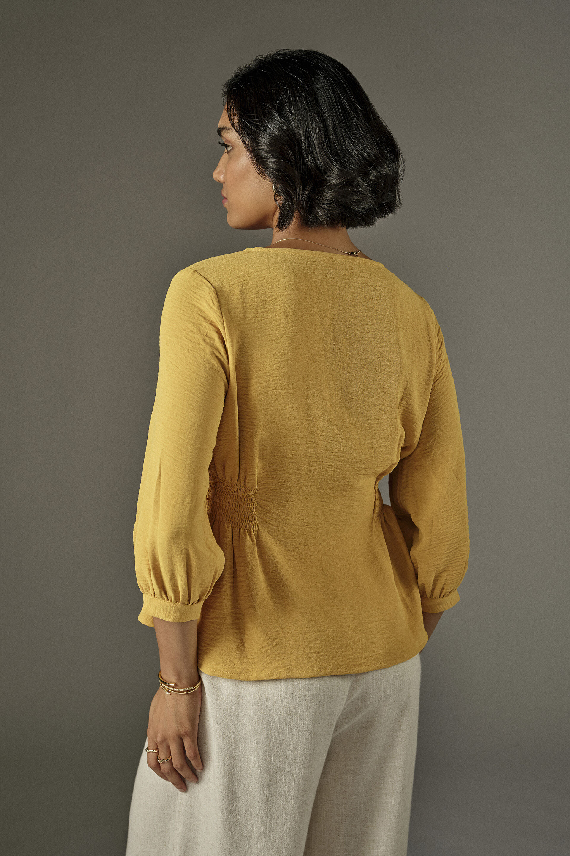 Side Smocked Top in Mustard, Mustard, image 5